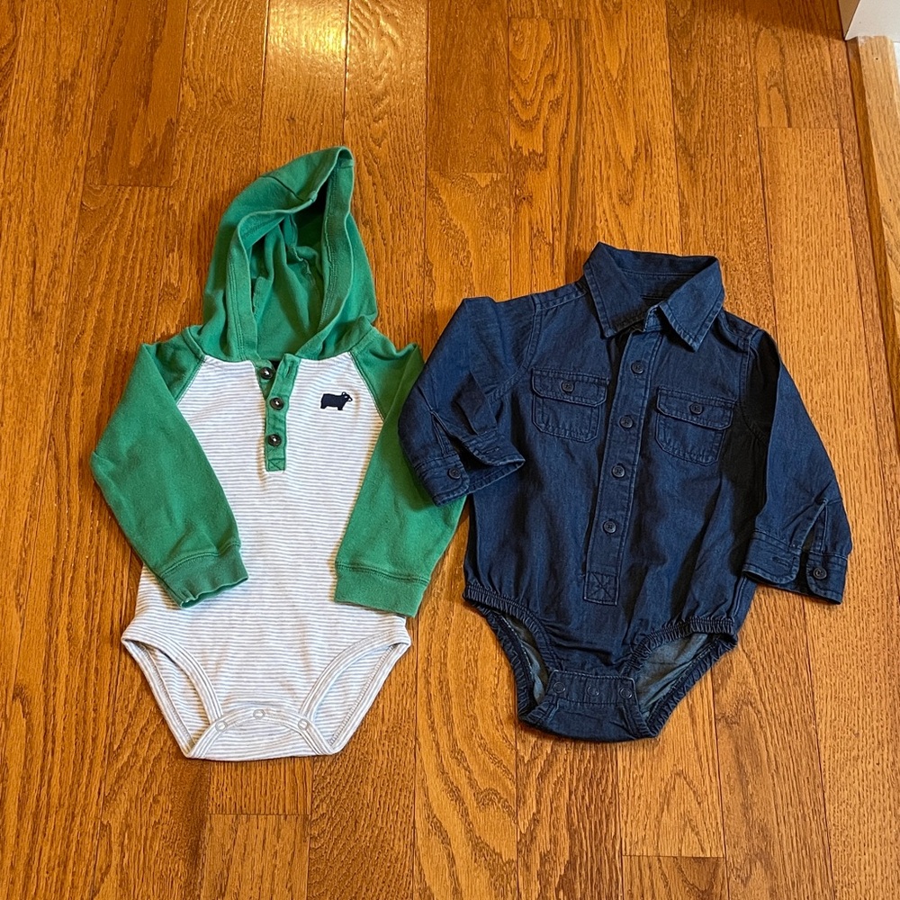 OshKosh B'gosh Denim Button Up & Green/Gray Hooded One-Pieces Baby Boy 18 month